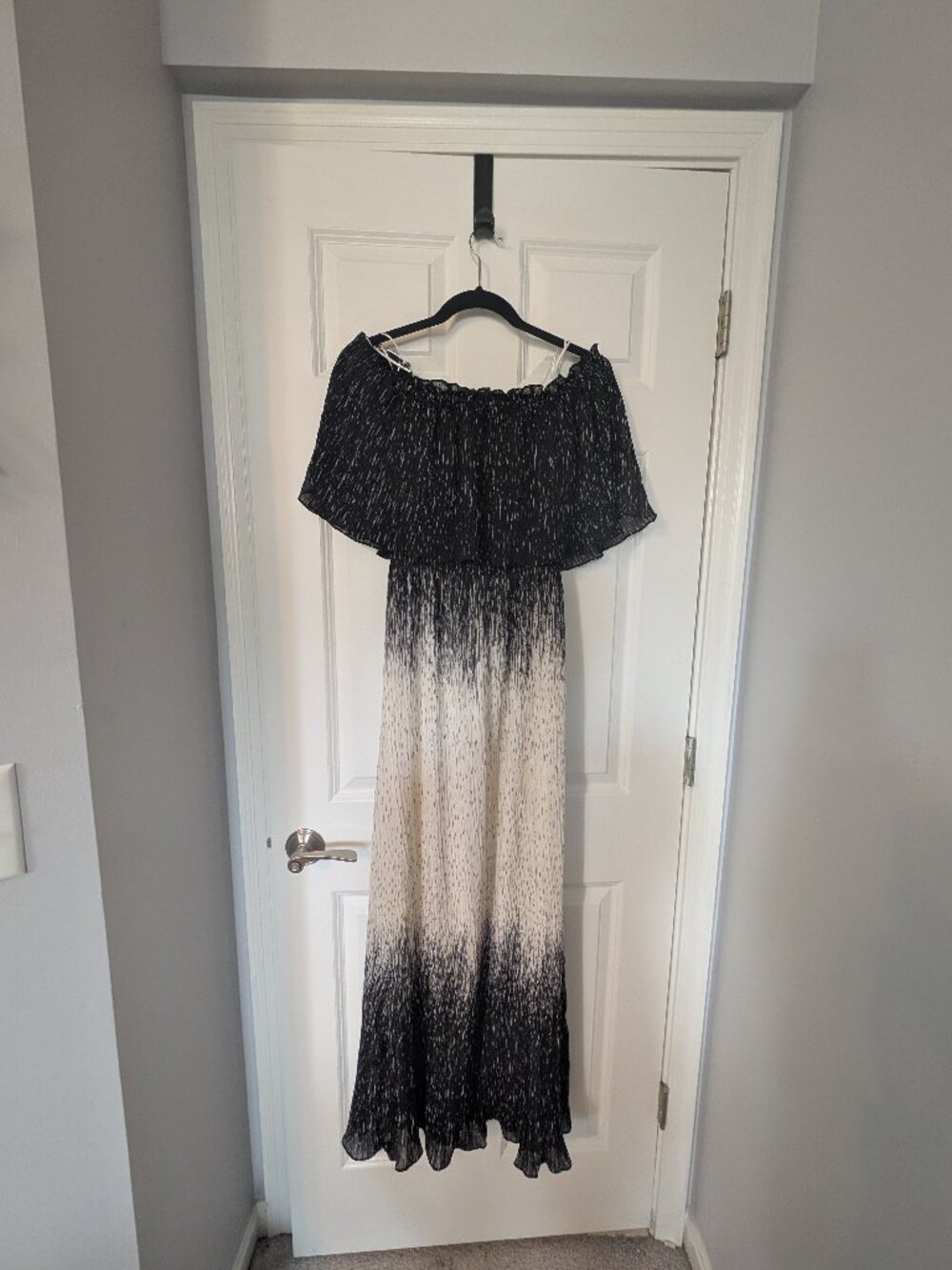 Halston Off the Shoulder Black & White Pleated Dress